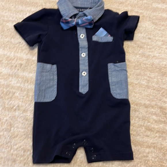Andy & Evan Baby Boys Navy Chambray Adorable Romper with removable bow tie! - Picture 1 of 6
